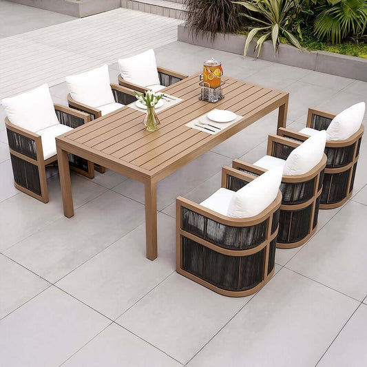Modern Walnut & Black Aluminum Outdoor Dining Set with 6 Chairs