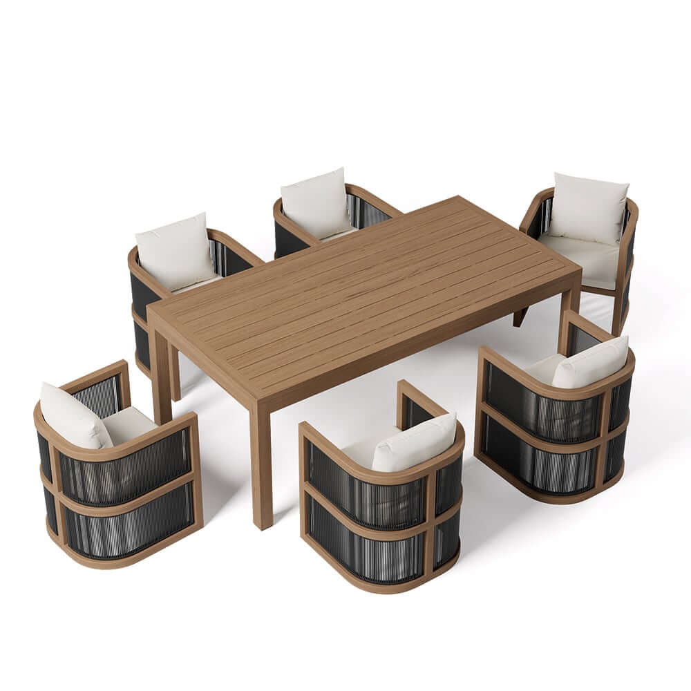 Modern Walnut & Black Aluminum Outdoor Dining Set with 6 Chairs