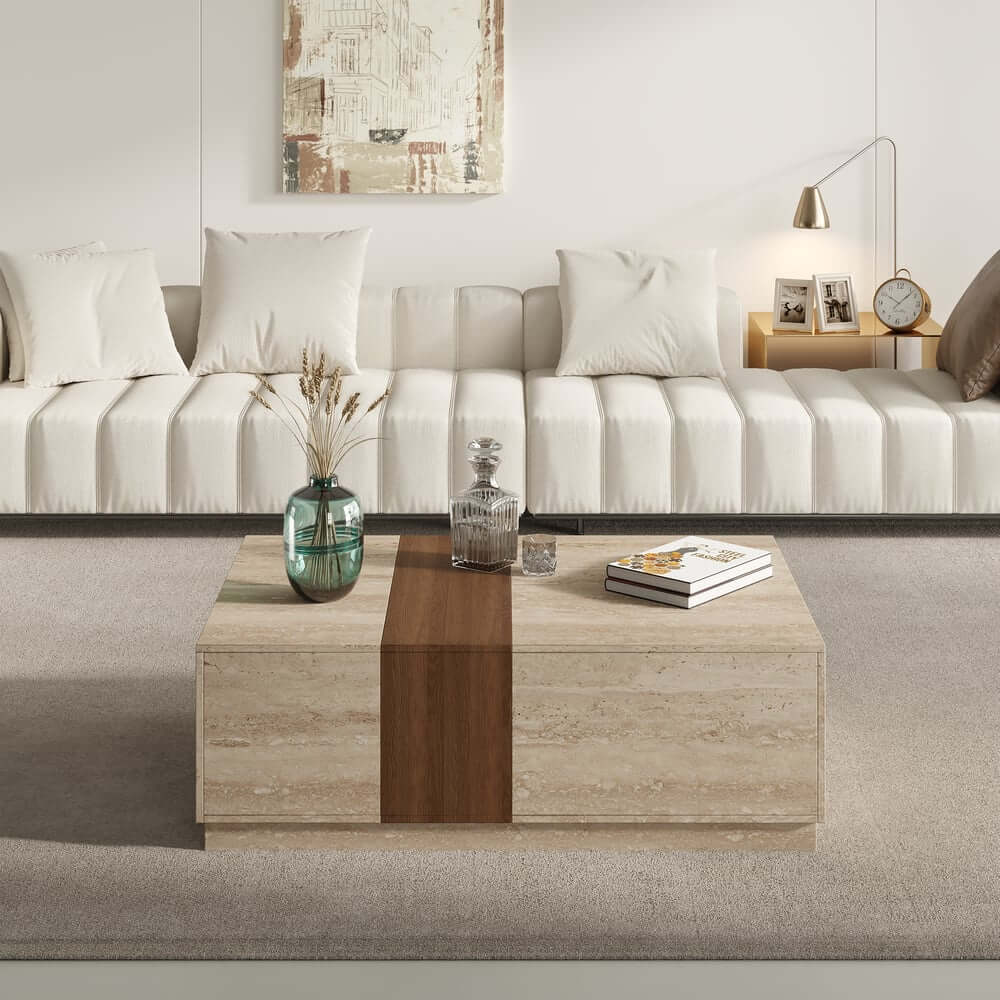 Modern Walnut Coffee Table With Drawers, Engineered Wood