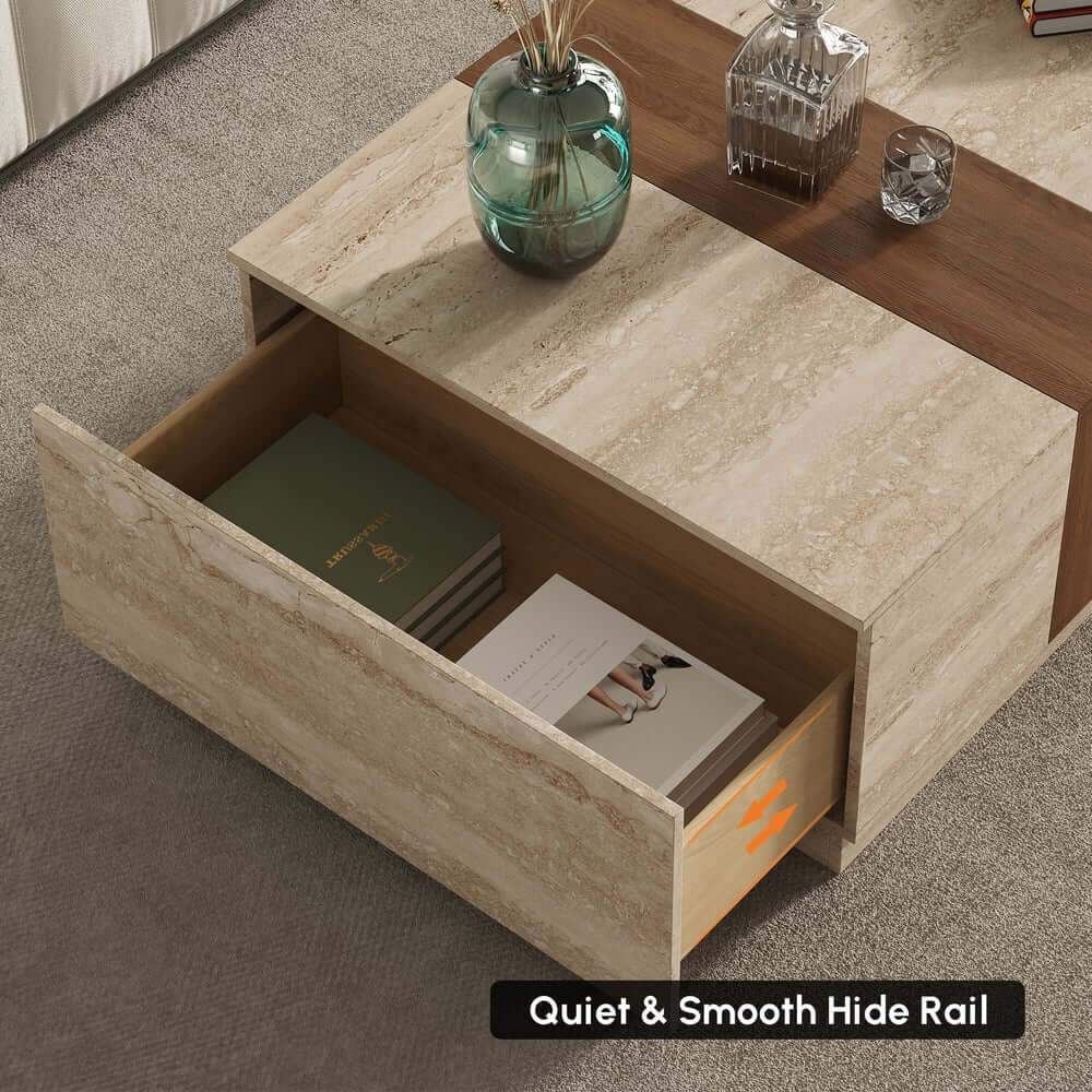 Modern Walnut Coffee Table With Drawers, Engineered Wood
