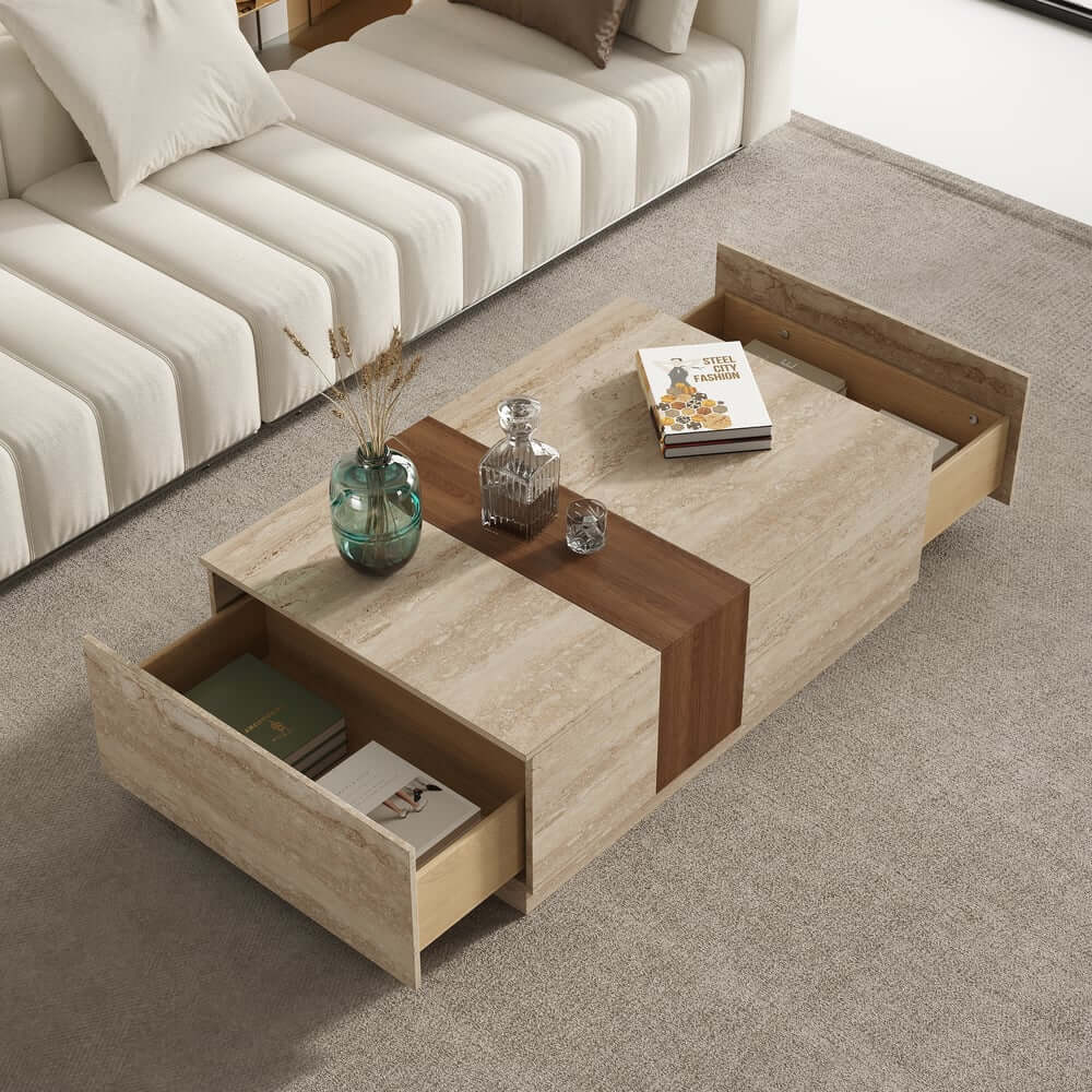 Modern Walnut Coffee Table With Drawers, Engineered Wood