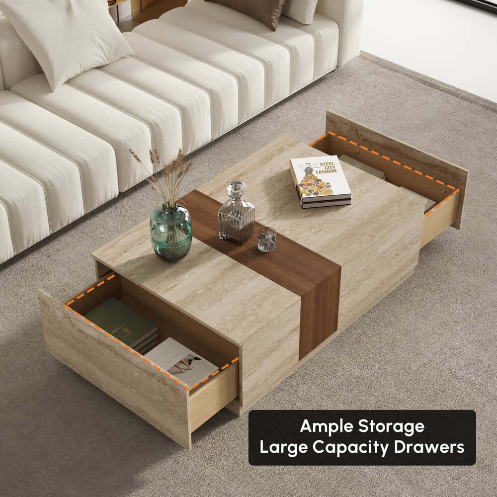 Modern Walnut Coffee Table With Drawers, Engineered Wood