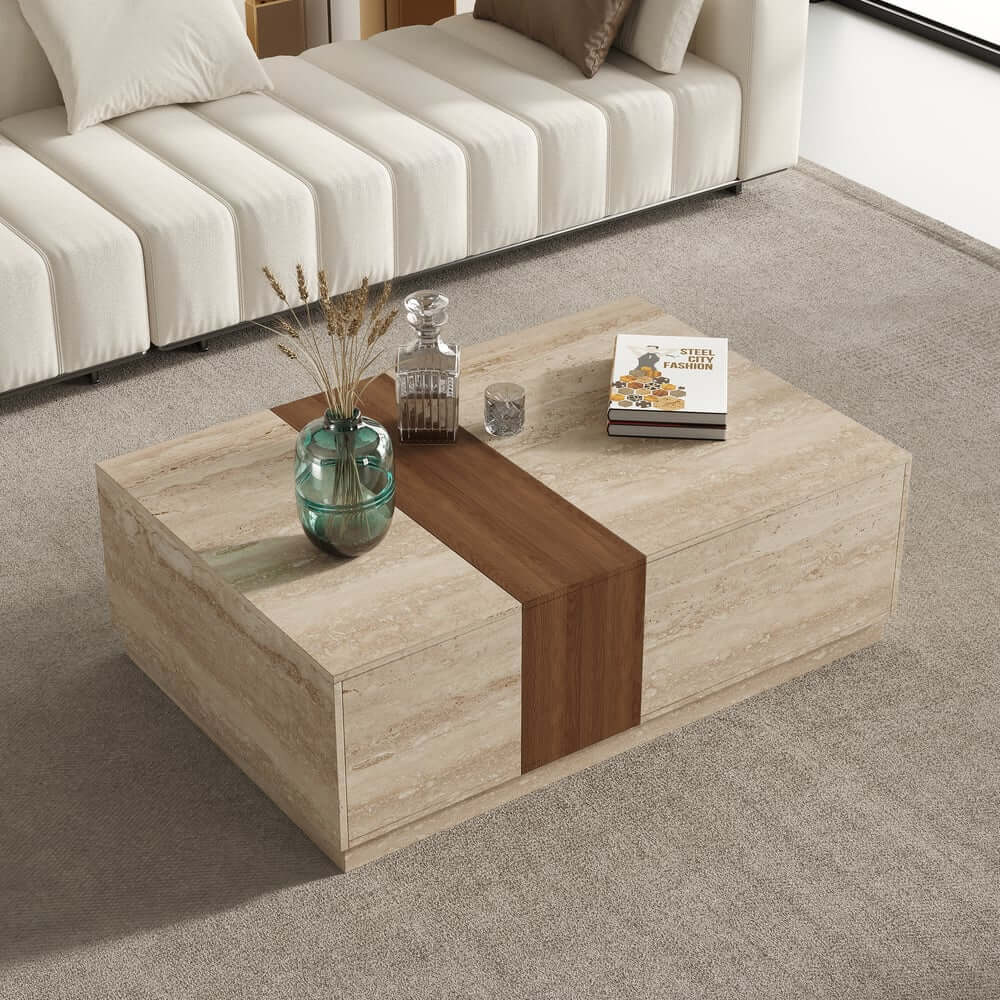 Modern Walnut Coffee Table With Drawers, Engineered Wood
