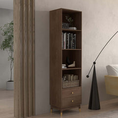 Modern Walnut Finished Bookshelf with Storage and Drawers