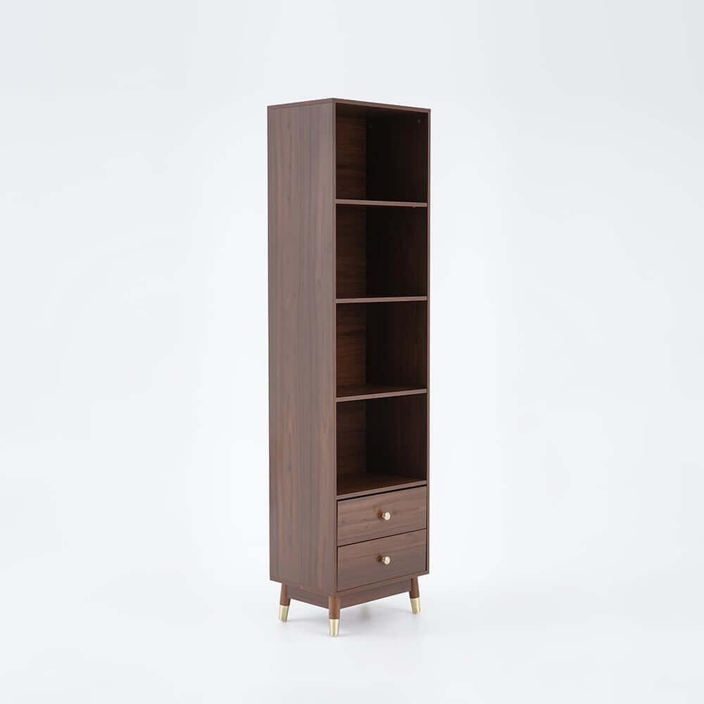 Modern Walnut Finished Bookshelf with Storage and Drawers