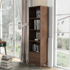 Modern Walnut Finished Bookshelf with Storage and Drawers