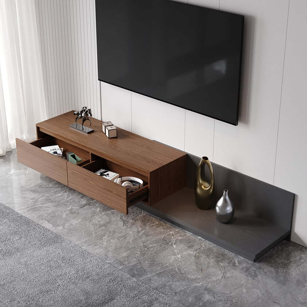 Modern Walnut & Gray Extendable TV Stand With Drawers