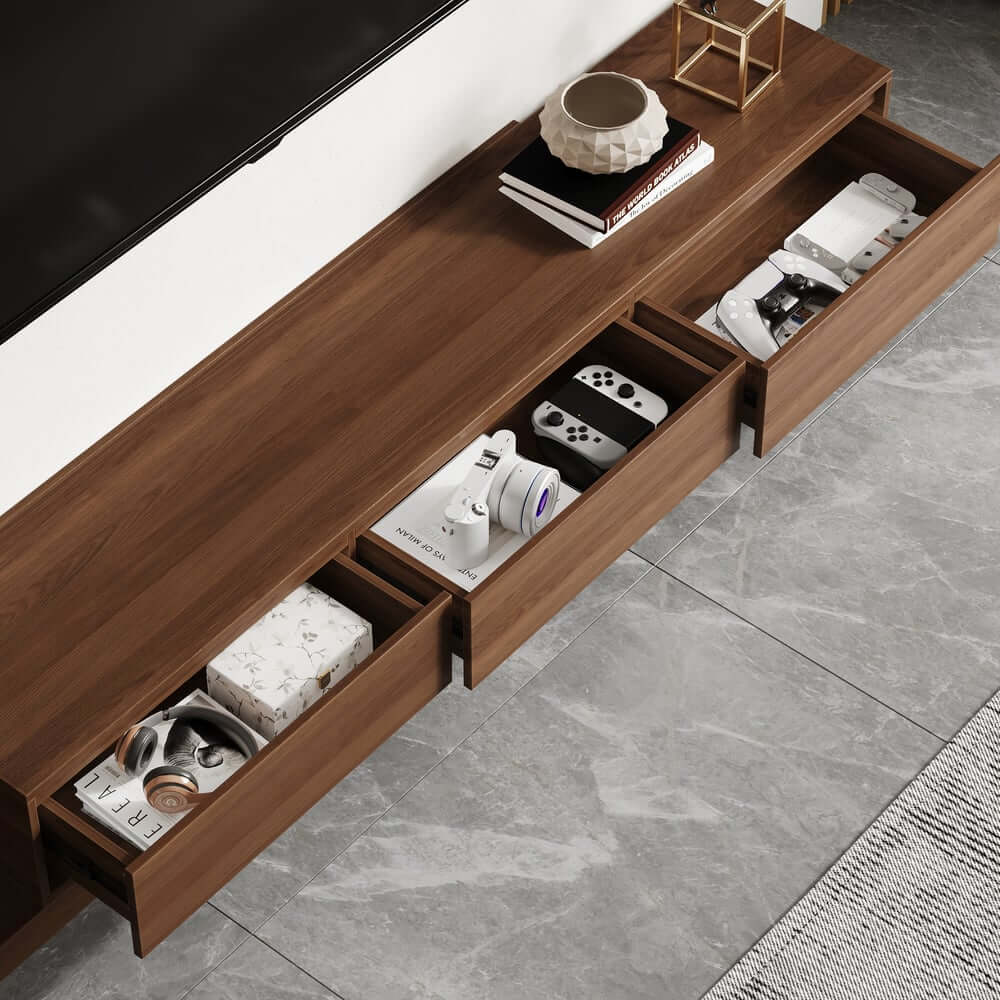 Modern Walnut & Gray Extendable TV Stand With Drawers