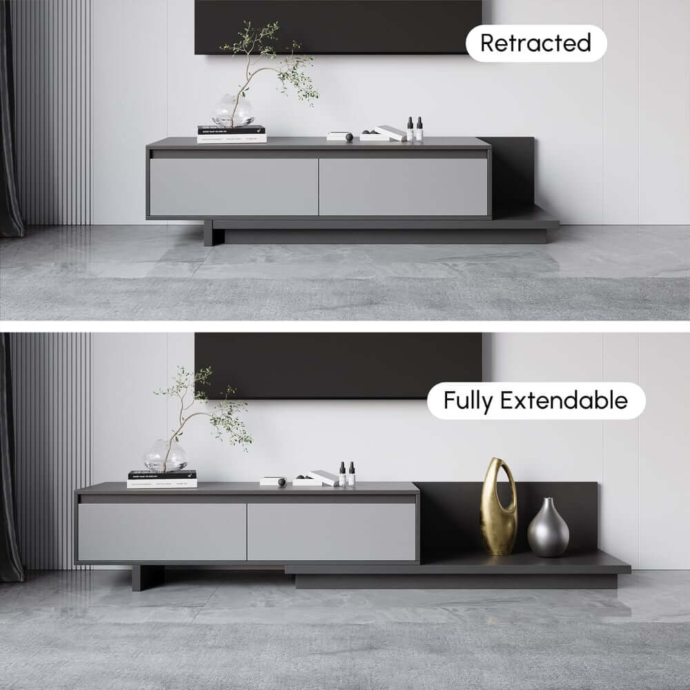 Modern Walnut & Gray Extendable TV Stand With Drawers