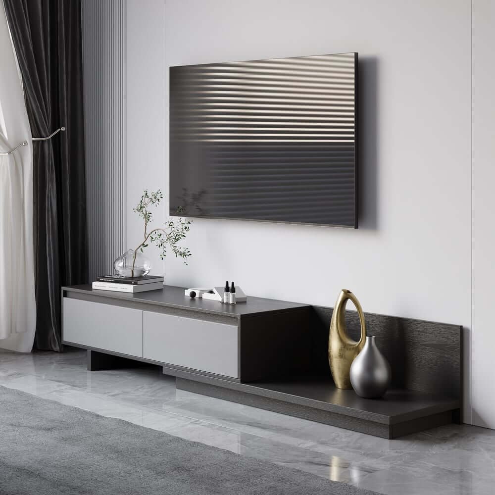 Modern Walnut & Gray Extendable TV Stand With Drawers