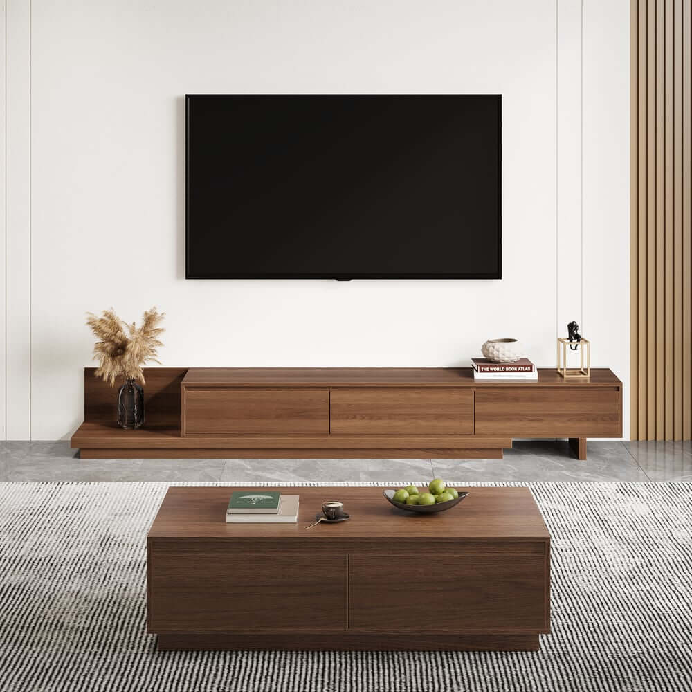 Modern Walnut & Gray Extendable TV Stand With Drawers