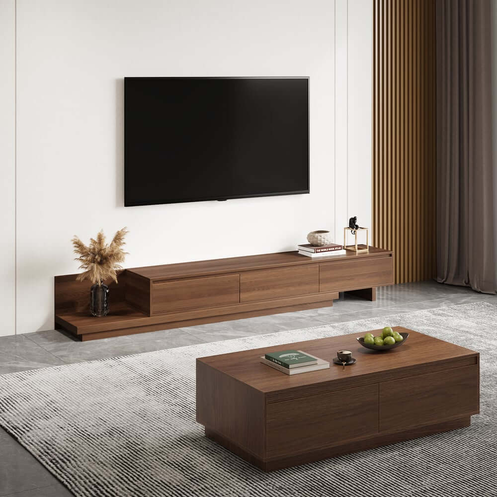 Modern Walnut & Gray Extendable TV Stand With Drawers