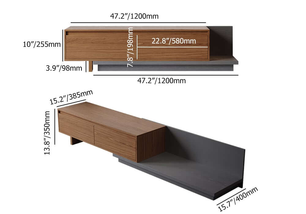 Modern Walnut & Gray Extendable TV Stand With Drawers Dimensions