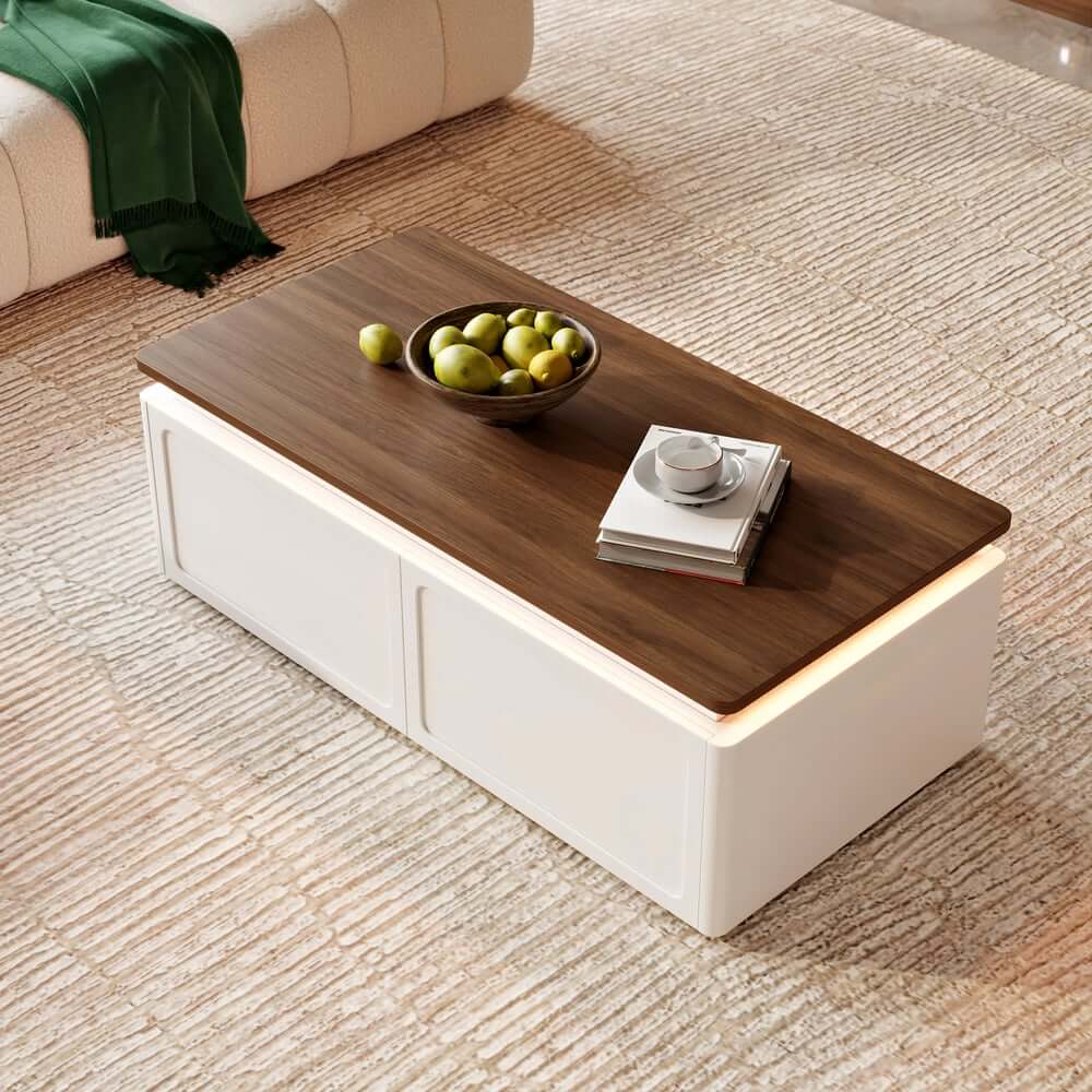 Modern Walnut LED Coffee Table With Drawers, Engineered Wood