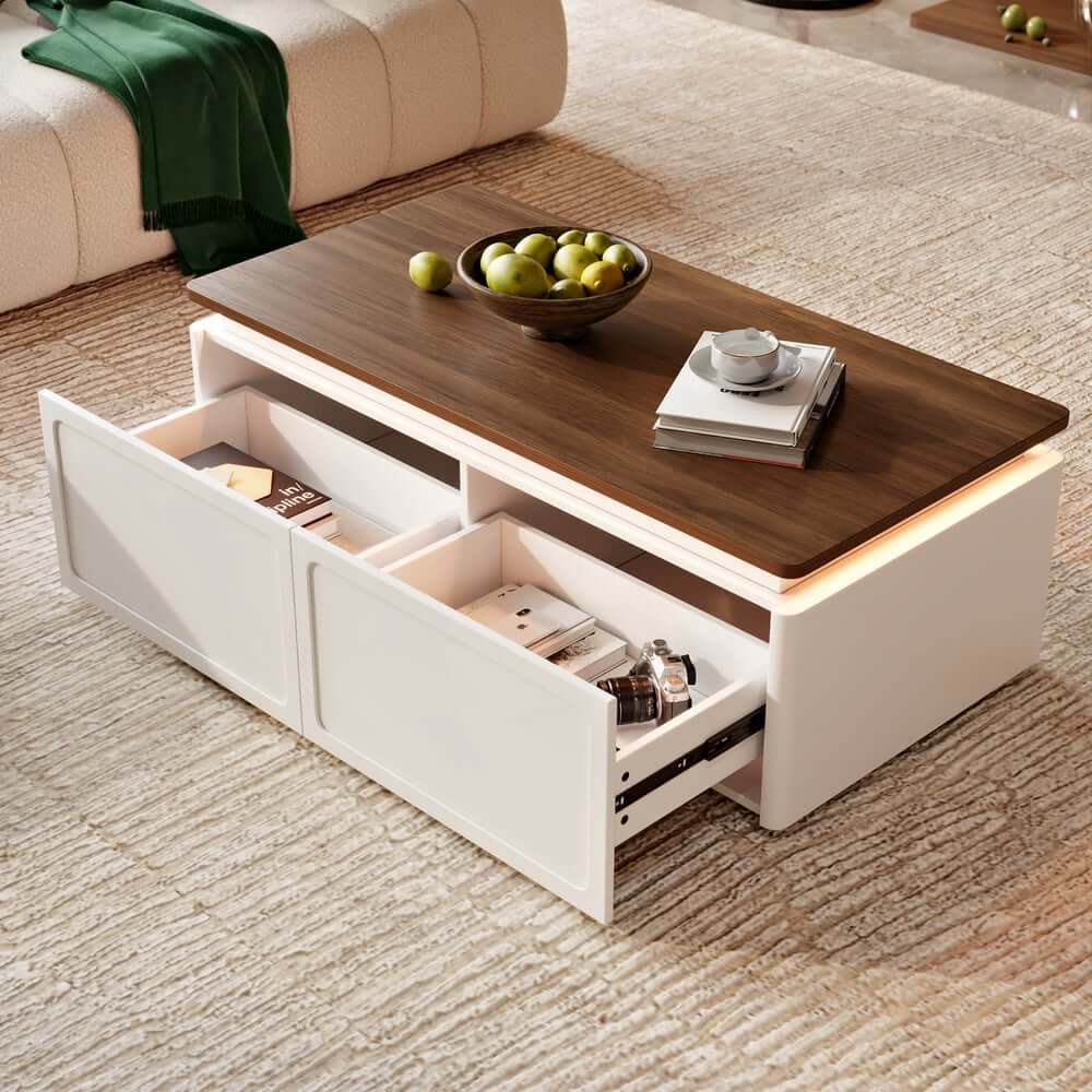 Modern Walnut LED Coffee Table With Drawers, Engineered Wood