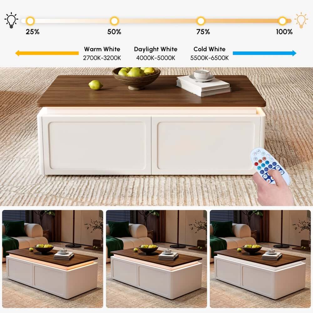 Modern Walnut LED Coffee Table With Drawers, Engineered Wood