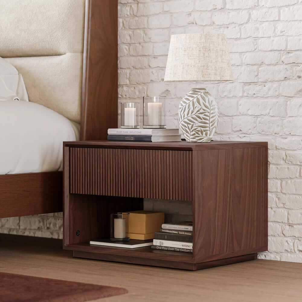 Modern Walnut Plywood Nightstand With Charging Station