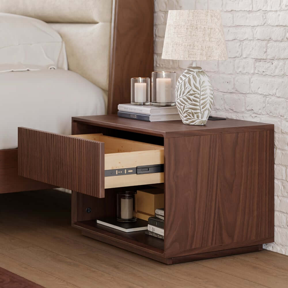 Modern Walnut Plywood Nightstand With Charging Station