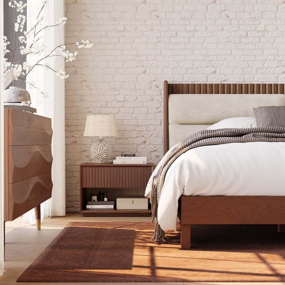 Modern Walnut Plywood Nightstand With Charging Station