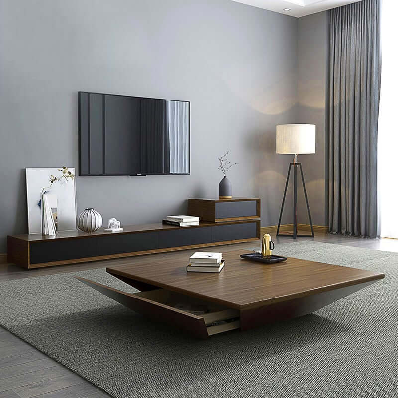 Modern Walnut Square Coffee Table With Storage Drawer