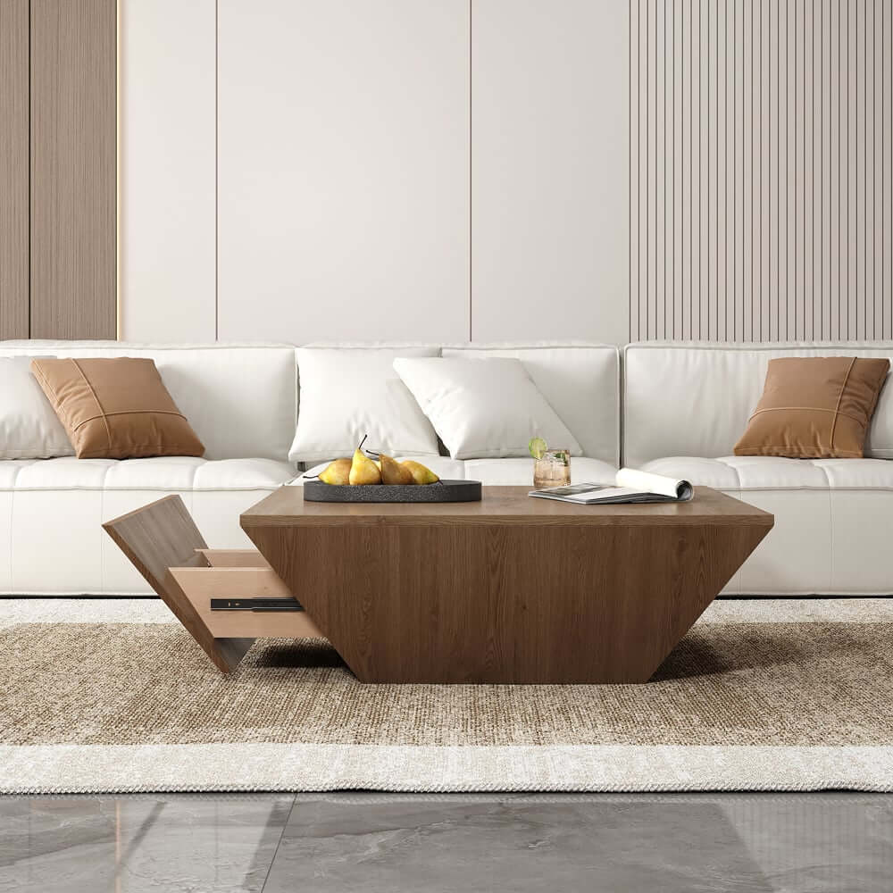 Modern Walnut Square Coffee Table With Storage Drawer