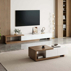 Modern Walnut TV Stand & Coffee Table Set With Open Storage