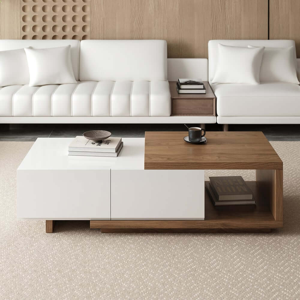 Modern Walnut TV Stand & Coffee Table Set With Open Storage