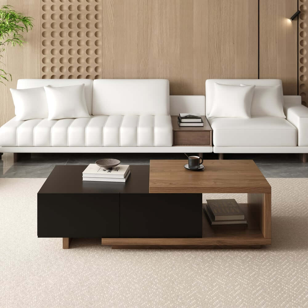 Modern Walnut TV Stand & Coffee Table Set With Open Storage