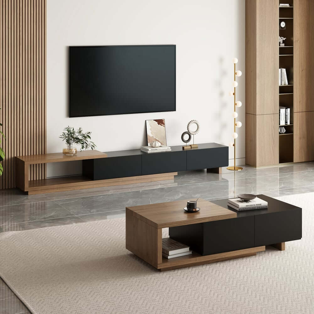 Modern Walnut TV Stand & Coffee Table Set With Open Storage