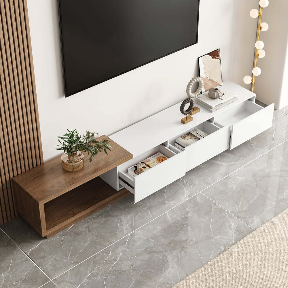 Modern Walnut TV Stand & Coffee Table Set With Open Storage