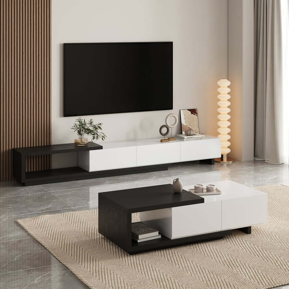 Modern Walnut TV Stand & Coffee Table Set With Open Storage
