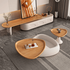 Modern Walnut-Veneer Coffee Table Set with White FRP Bases