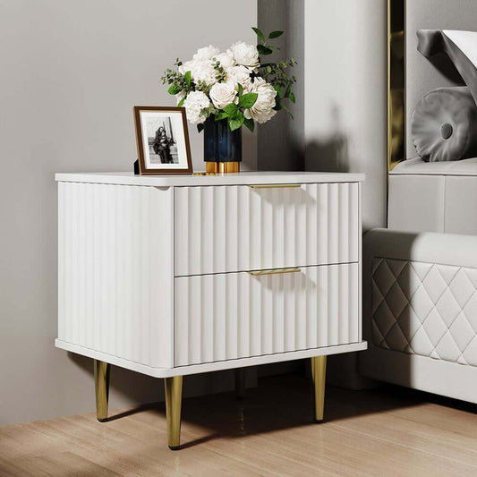 Modern White 2 Drawer Nightstand With Gold Metal Base