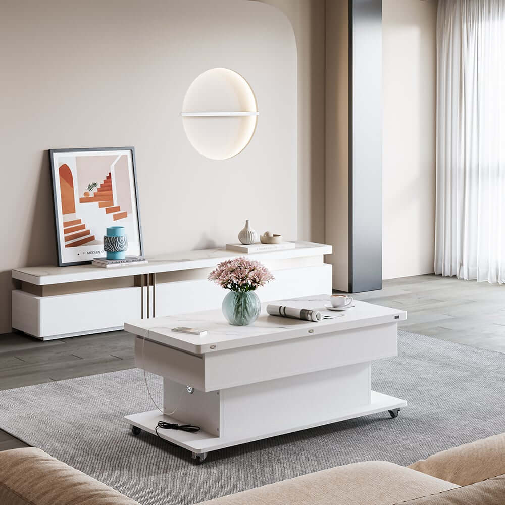 Modern White Adjustable Coffee Table With Drawers And Wheels