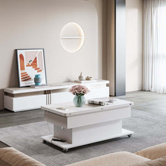 Modern White Adjustable Coffee Table With Drawers And Wheels