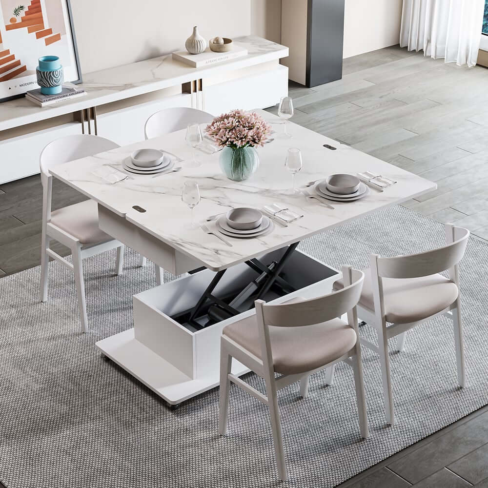 Modern White Adjustable Coffee Table With Drawers And Wheels