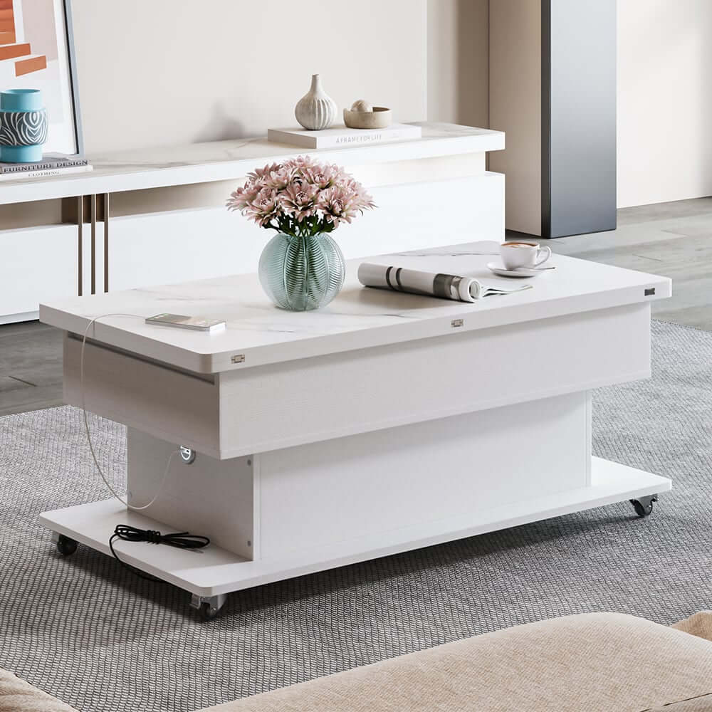Modern White Adjustable Coffee Table With Drawers And Wheels