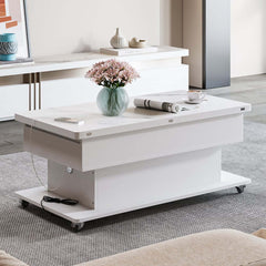 Modern White Adjustable Coffee Table With Drawers And Wheels