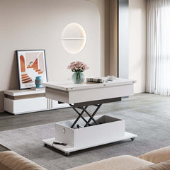 Modern White Adjustable Coffee Table With Drawers And Wheels
