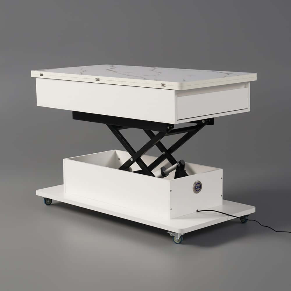 Modern White Adjustable Coffee Table With Drawers And Wheels
