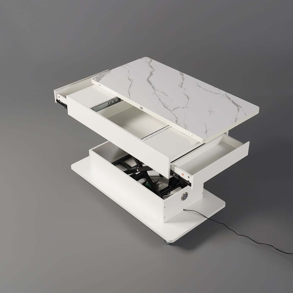 Modern White Adjustable Coffee Table With Drawers And Wheels