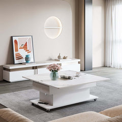 Modern White Adjustable Coffee Table With Drawers And Wheels