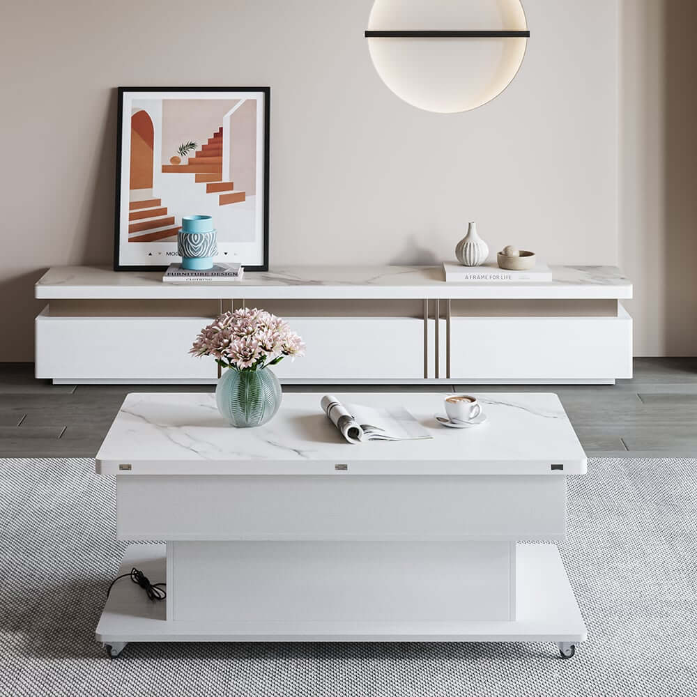 Modern White Adjustable Coffee Table With Drawers And Wheels