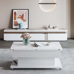 Modern White Adjustable Coffee Table With Drawers And Wheels