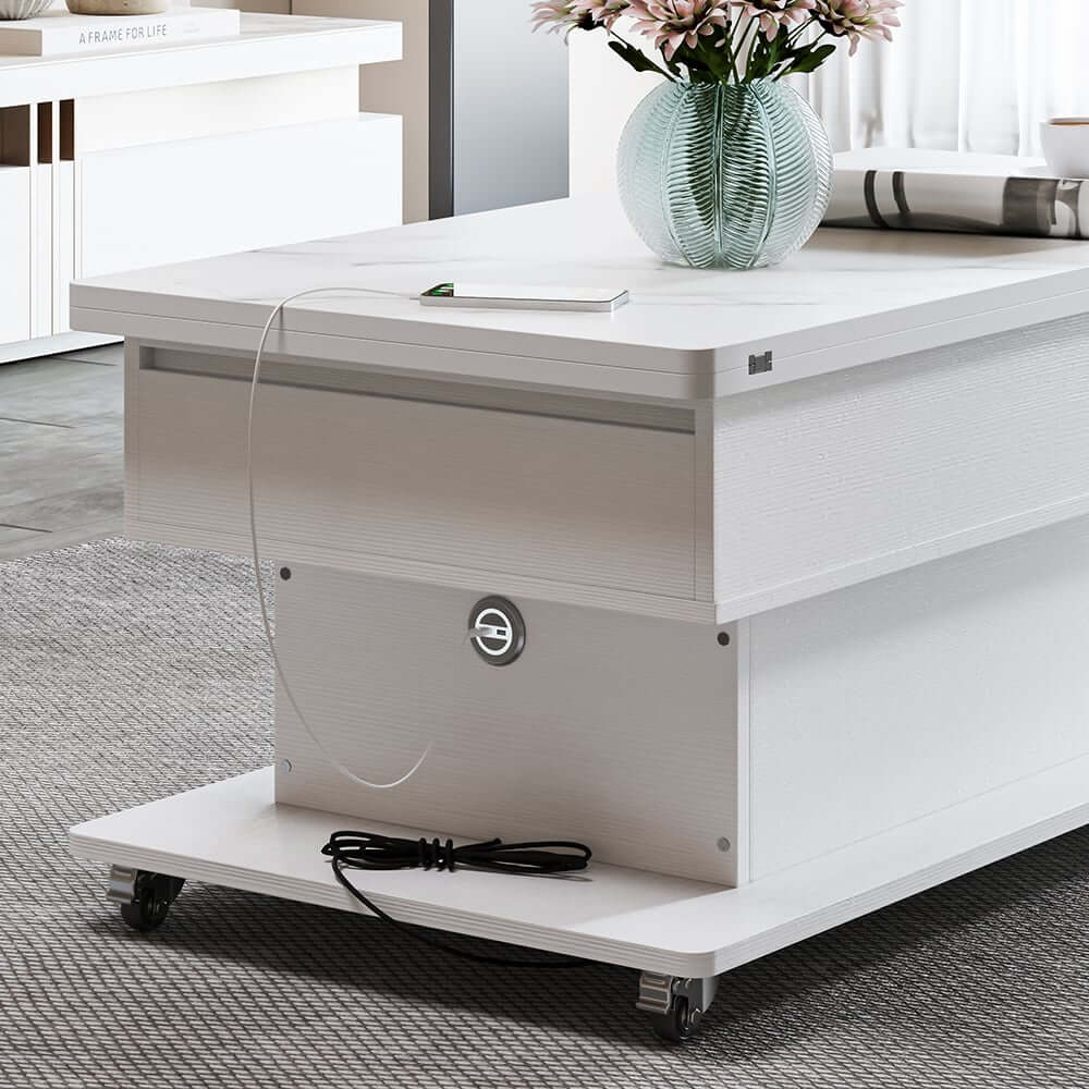 Modern White Adjustable Coffee Table With Drawers And Wheels