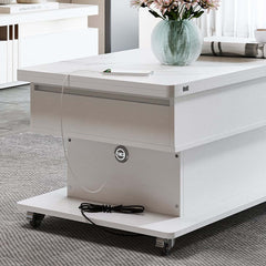 Modern White Adjustable Coffee Table With Drawers And Wheels