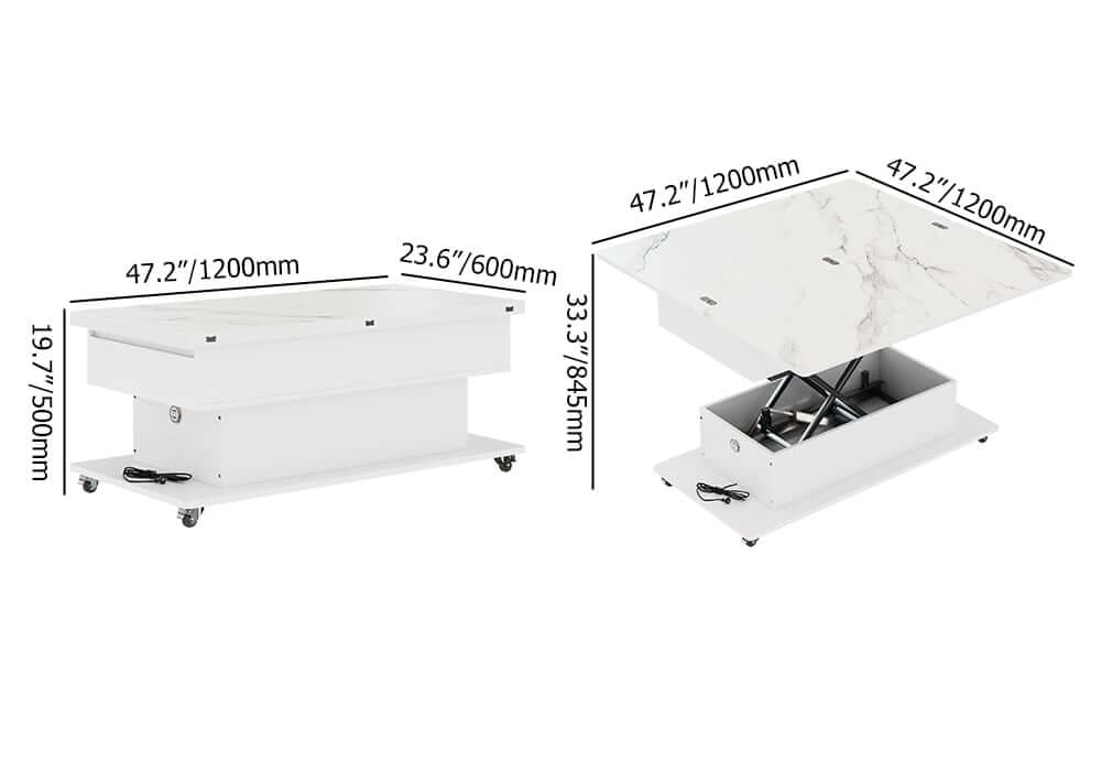 Modern White Adjustable Coffee Table With Drawers And Wheels Dimensions