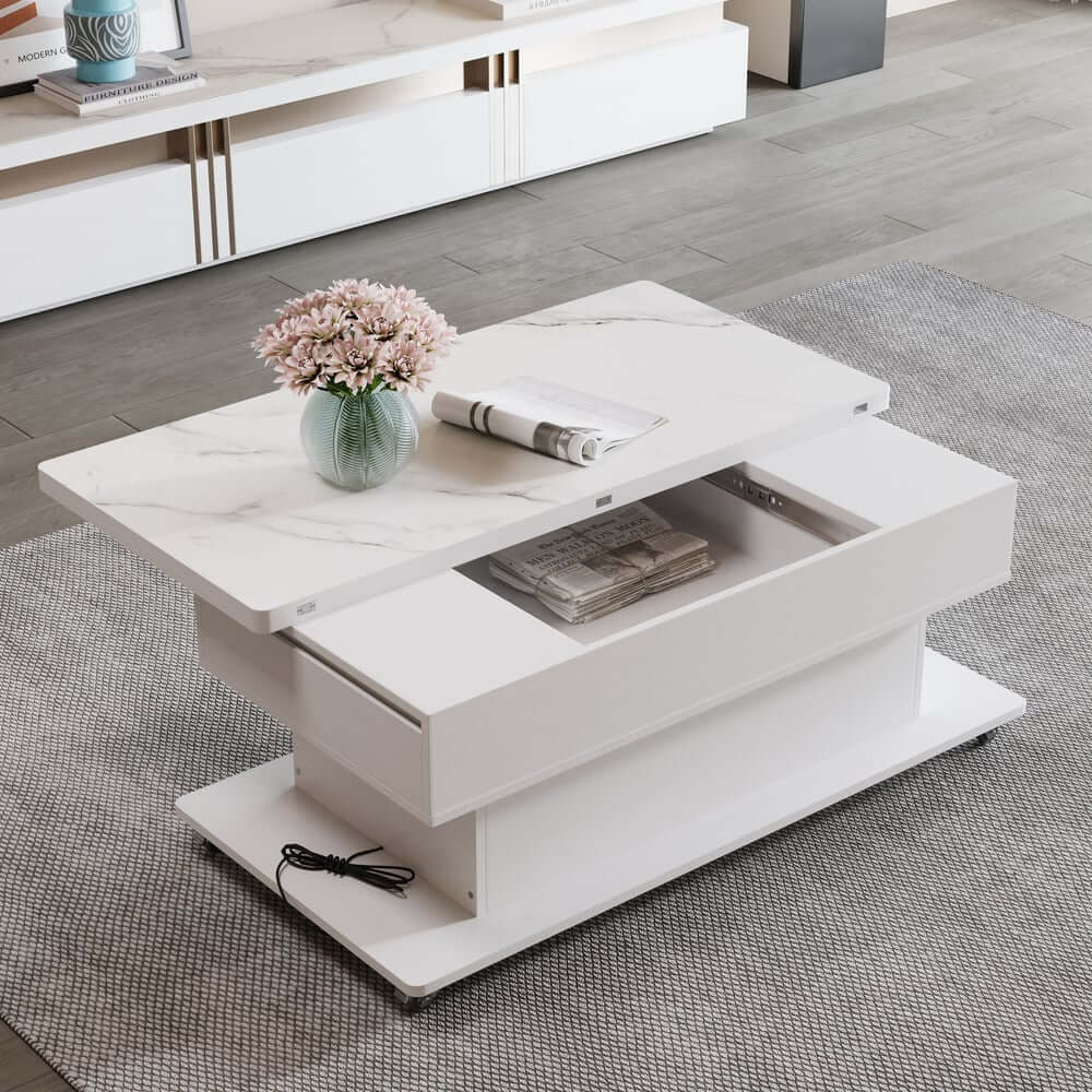Modern White Adjustable Coffee Table With Drawers And Wheels Main Product Image