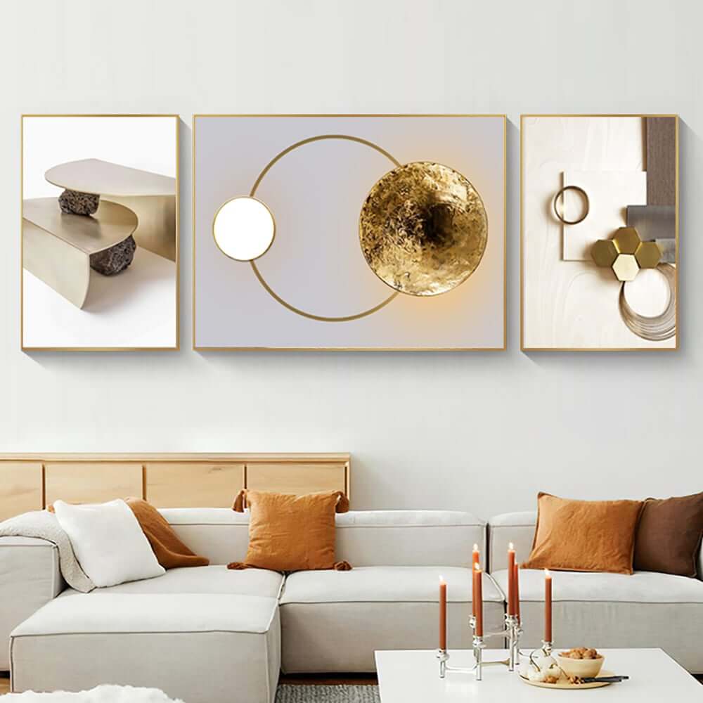 Modern White and Gold Geometric Wall Art Set with Aluminium Frame