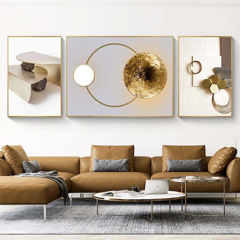 Modern White and Gold Geometric Wall Art Set with Aluminium Frame